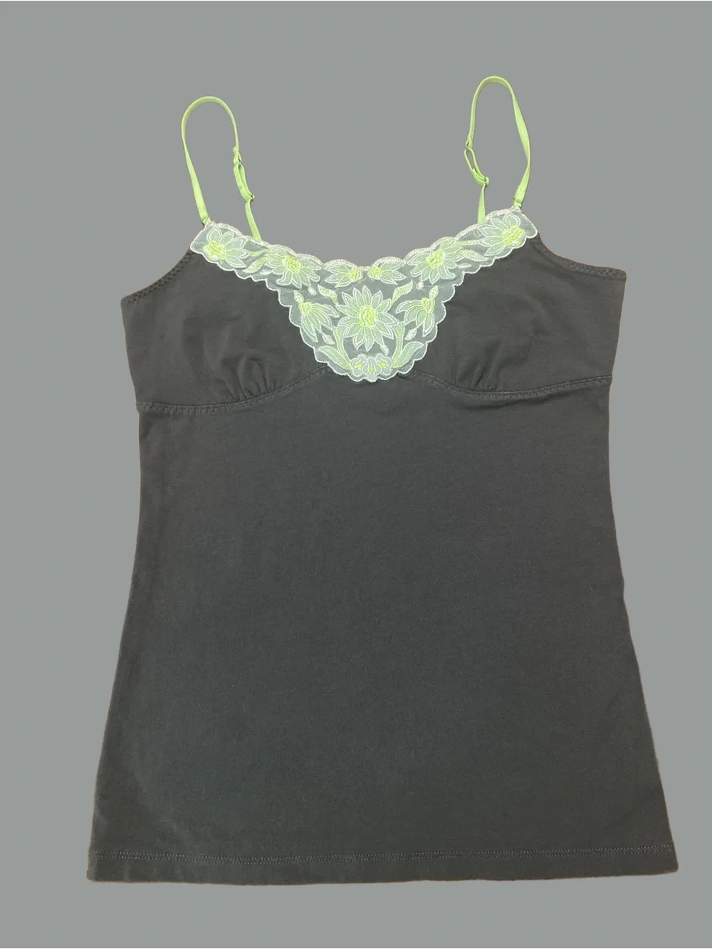 American Eagle Outfitters Charcoal Grey Cami with Neon Green Lace Accents Size M - Picture 2 of 7